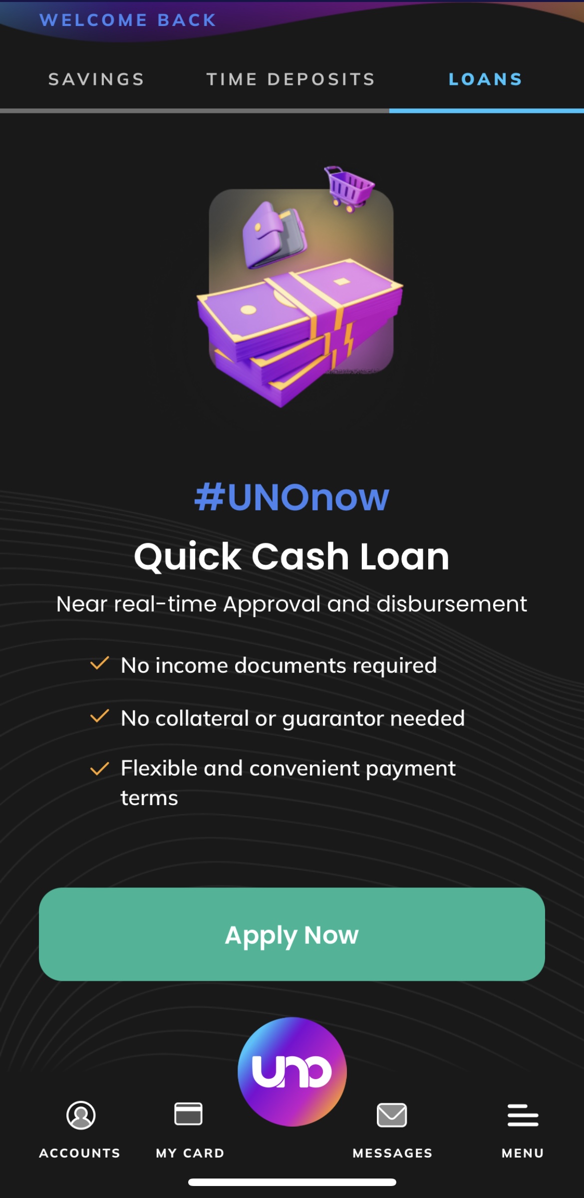 UNODigital quick cash loan dashboard