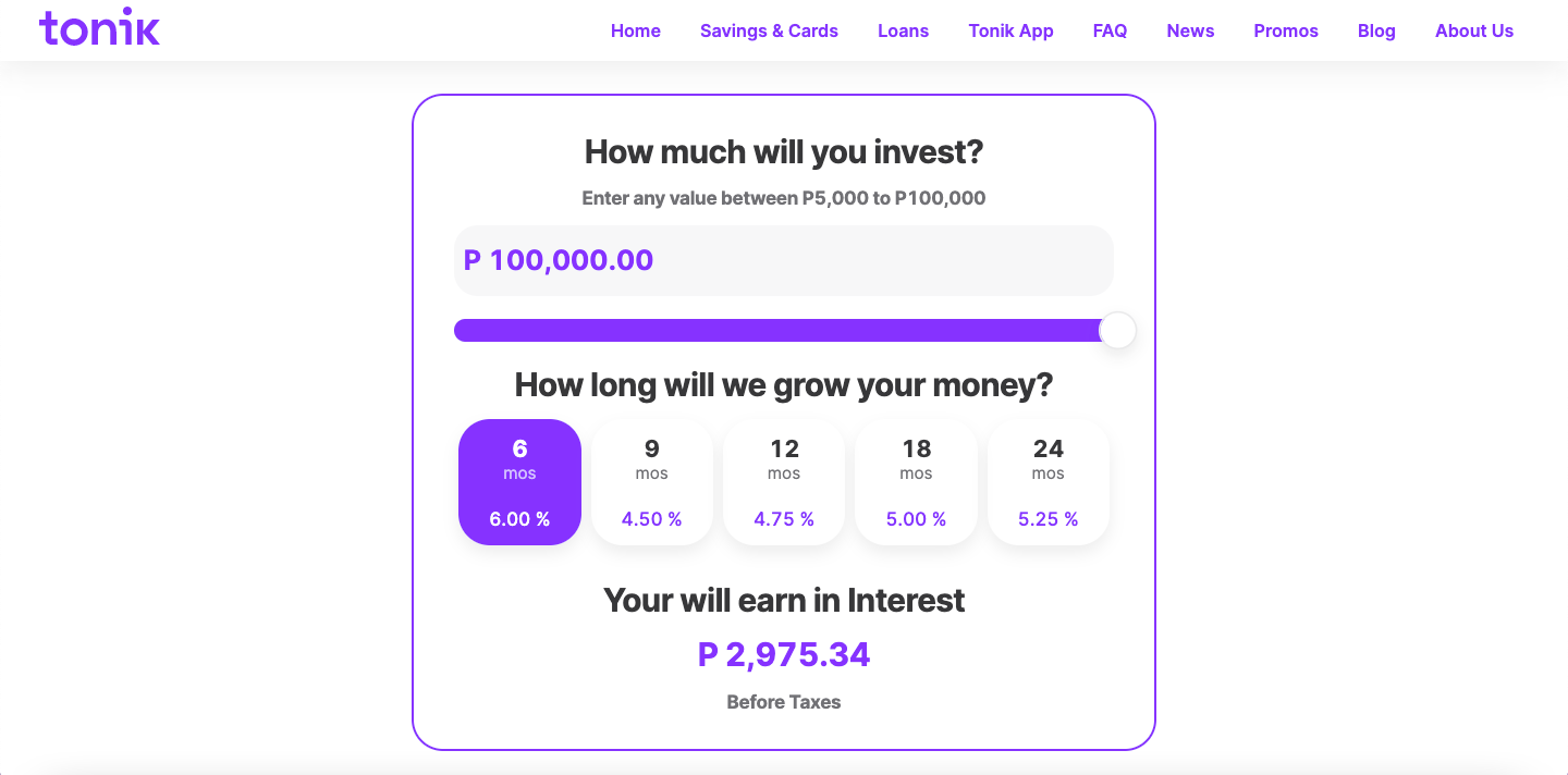 tonik digital bank 6 percent interest rate per annum