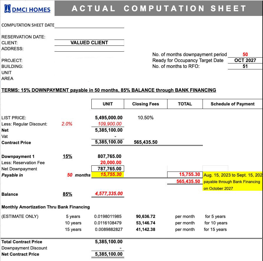 Image of DMCI computation on a condo unit